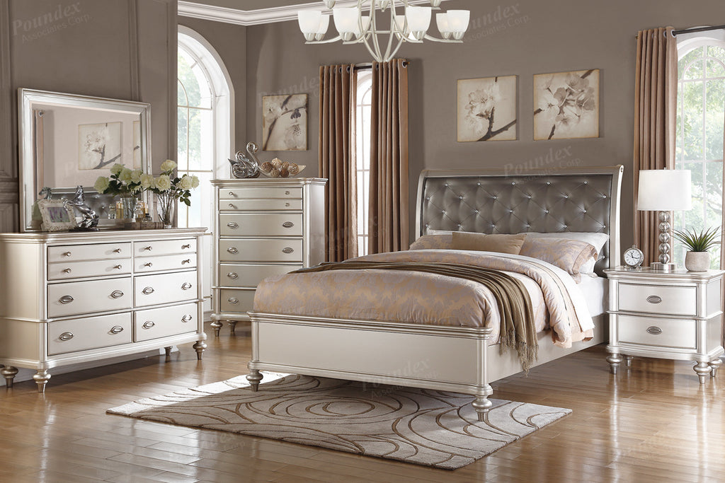 silver bedroom dresser set Eliora Glamorous Transitional Mirrored Bedroom Set in Silver